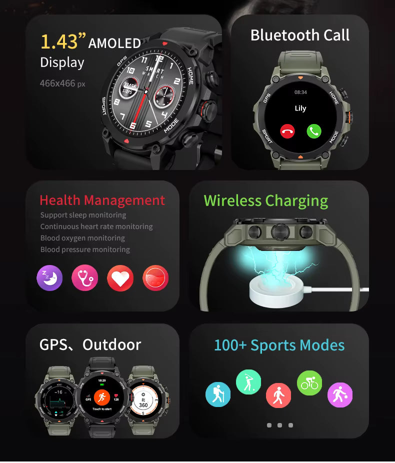 2026 Newest Smart Watch 1.43" HD Screen Bluetooth Call Fitness Tracker Heart Rate SpO2 5ATM