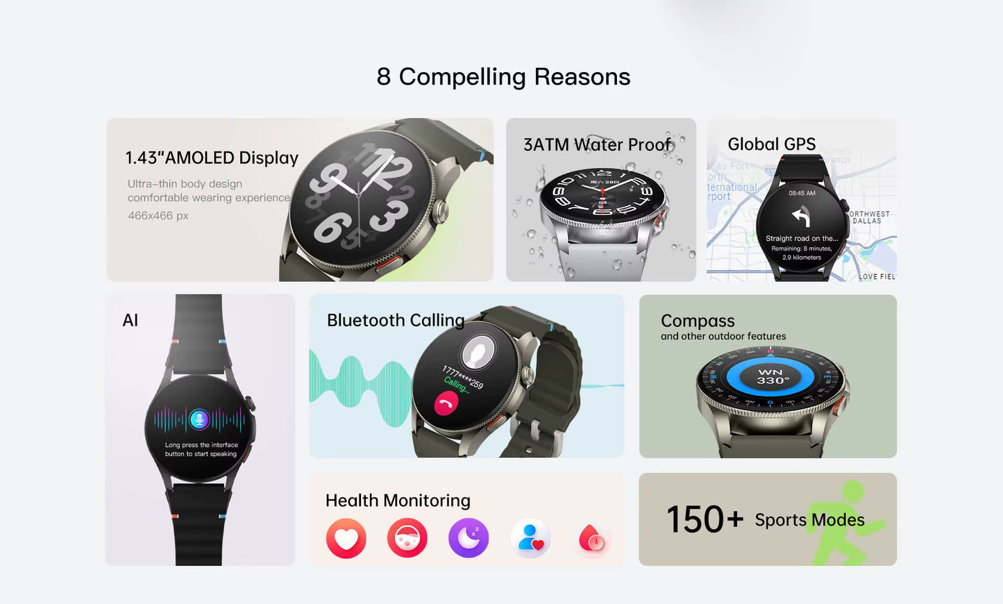 Smartwatch 1.43" AMOLED Ai Voice/Bluetooth  3ATM Waterproof